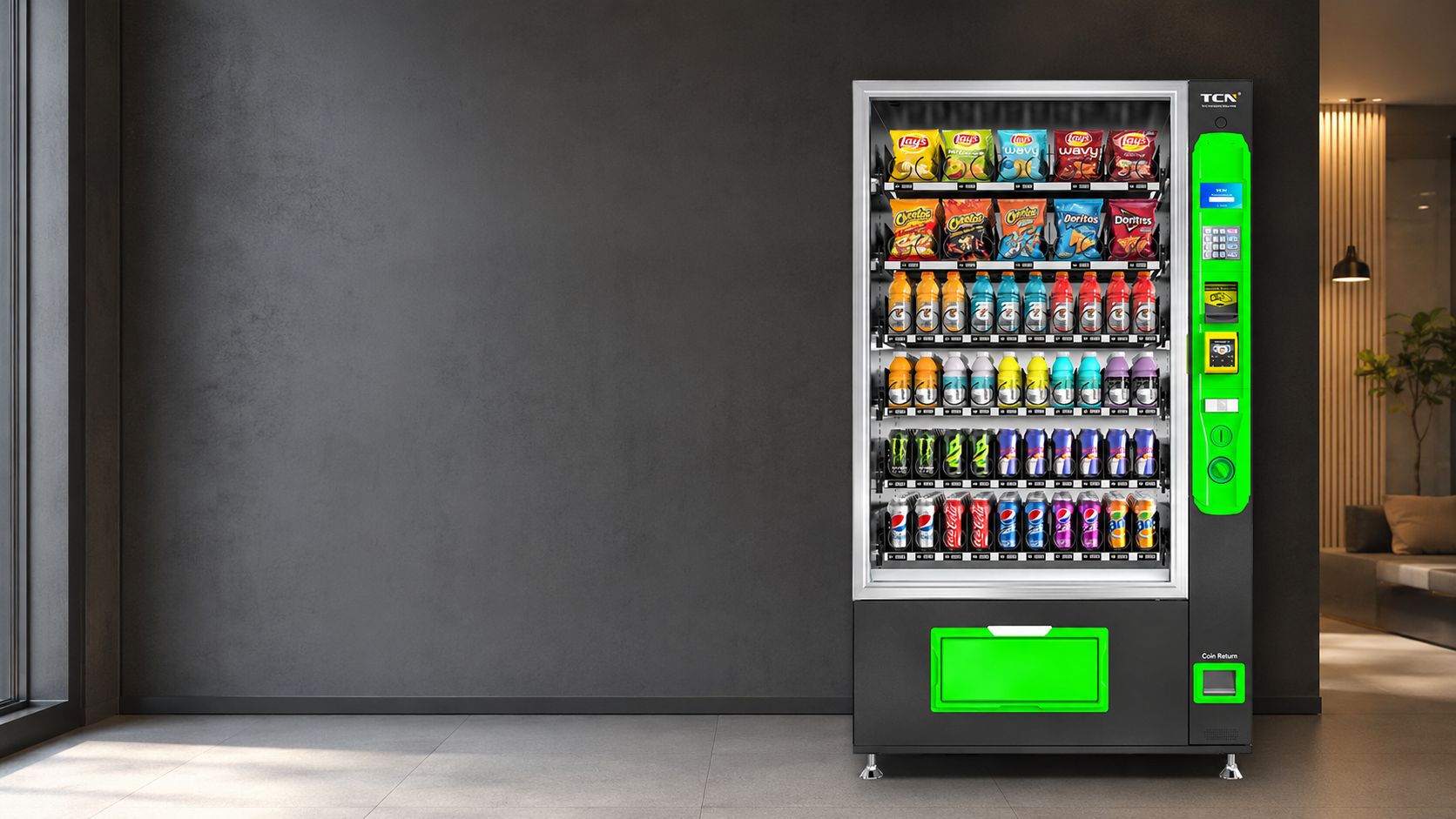 Moderne vendingautomaat in een verzorgde zakelijke wachtruimte